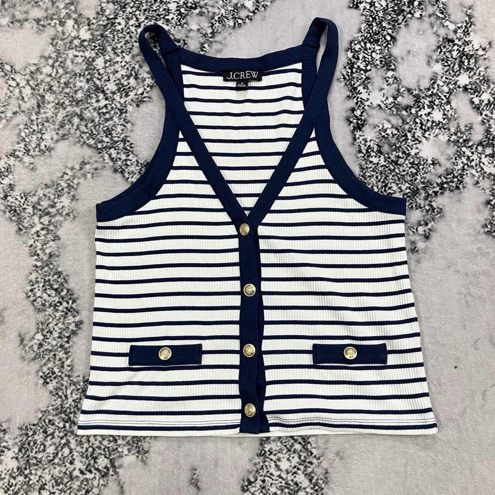 J.Crew Ribbed Knit Stripe Button Front Tank Top Blue White Womens Size M